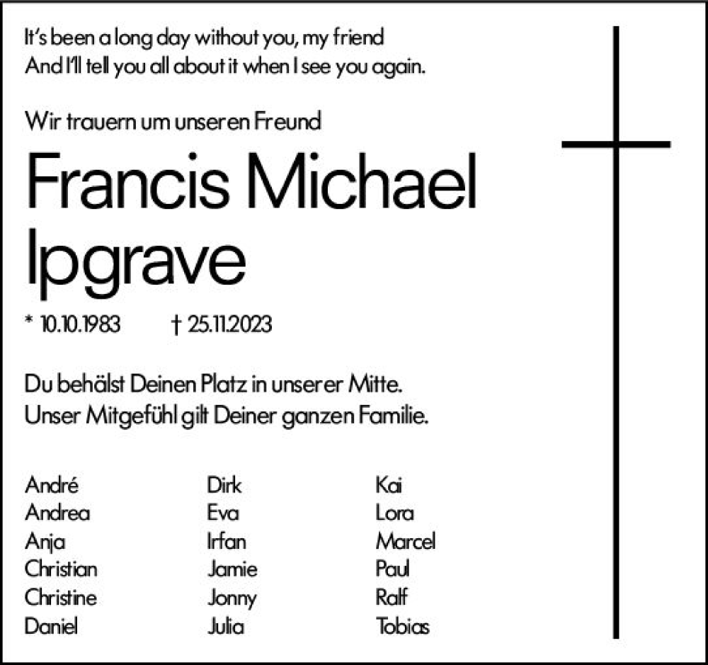  Traueranzeige für Francis Michael Ipgrave vom 16.12.2023 aus Darmstädter Echo