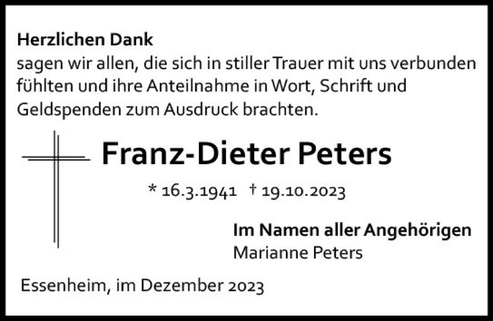  Traueranzeige für Franz-Dieter Peters vom 02.12.2023 aus Allgemeine Zeitung Mainz