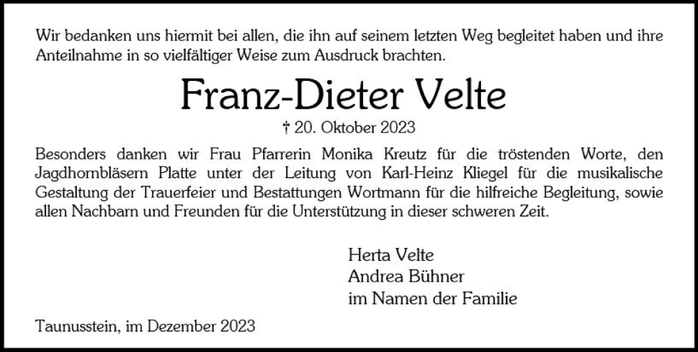  Traueranzeige für Franz-Dieter Velte vom 23.12.2023 aus Idsteiner Land/Untertaunus