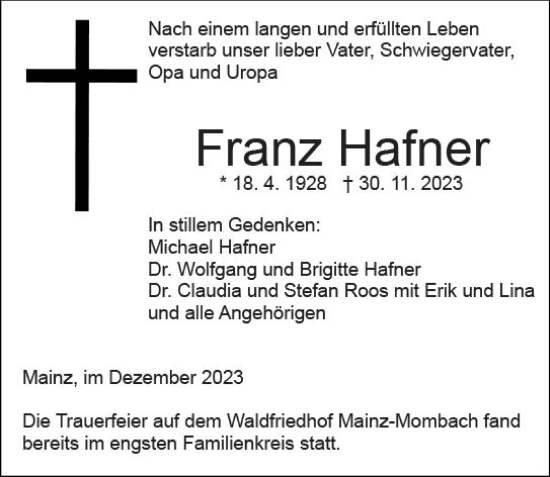 Traueranzeige von Franz Hafner von Allgemeine Zeitung Mainz