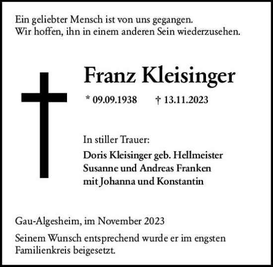 Traueranzeige von Franz Kleisinger von Allgemeine Zeitung Bingen/Ingelheim