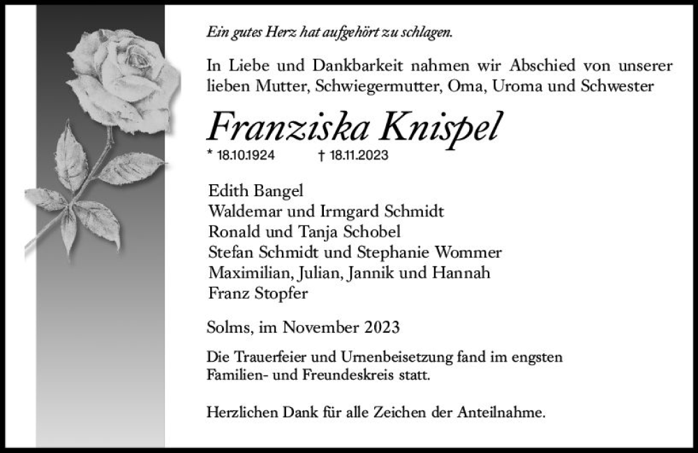  Traueranzeige für Franziska Knispel vom 16.12.2023 aus Wetzlarer Neue Zeitung