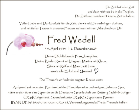 Traueranzeige von Fred Wedell von Wiesbadener Kurier