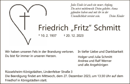 Traueranzeige von Friedrich Schmitt von Rüsselsheimer Echo