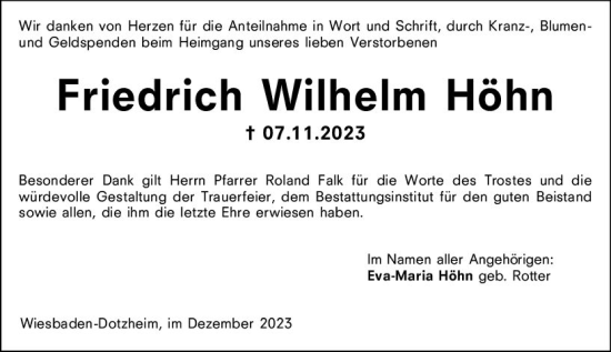 Traueranzeige von Friedrich Wilhelm Höhn von Wiesbadener Kurier