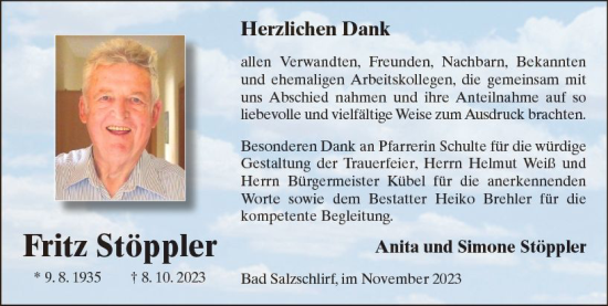 Traueranzeige von Fritz Stöppler von VRM Trauer