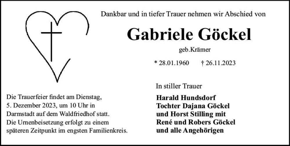  Traueranzeige für Gabriele Göckel vom 02.12.2023 aus Darmstädter Echo