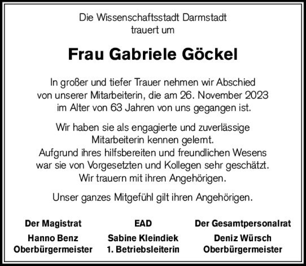  Traueranzeige für Gabriele Göckel vom 09.12.2023 aus Darmstädter Echo