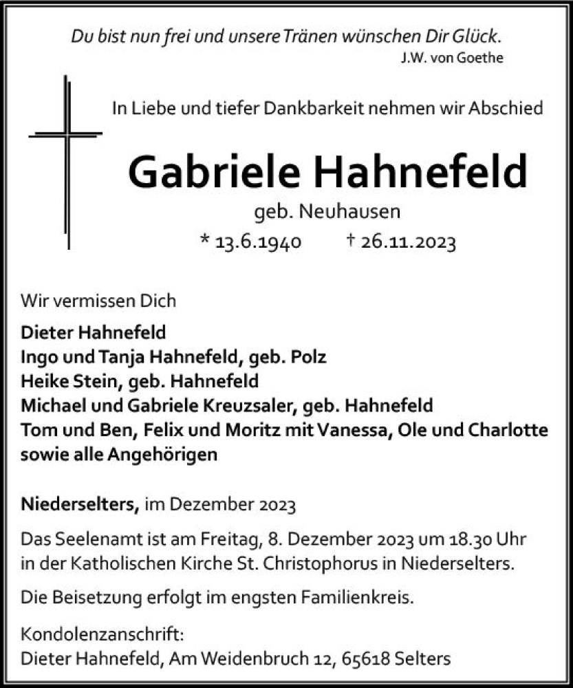  Traueranzeige für Gabriele Hahnefeld vom 07.12.2023 aus Camberger Anzeiger