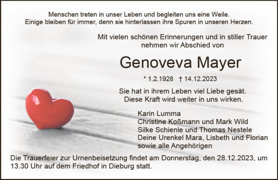 Traueranzeige von Genoveva Mayer von Dieburger Anzeiger/Groß-Zimmerner Lokal-Anzeiger