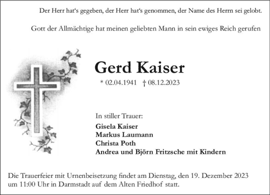 Traueranzeige von Gerd Kaiser von Darmstädter Echo