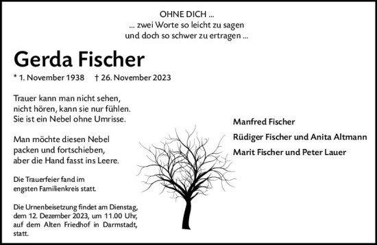 Traueranzeige von Gerda Fischer von Darmstädter Echo