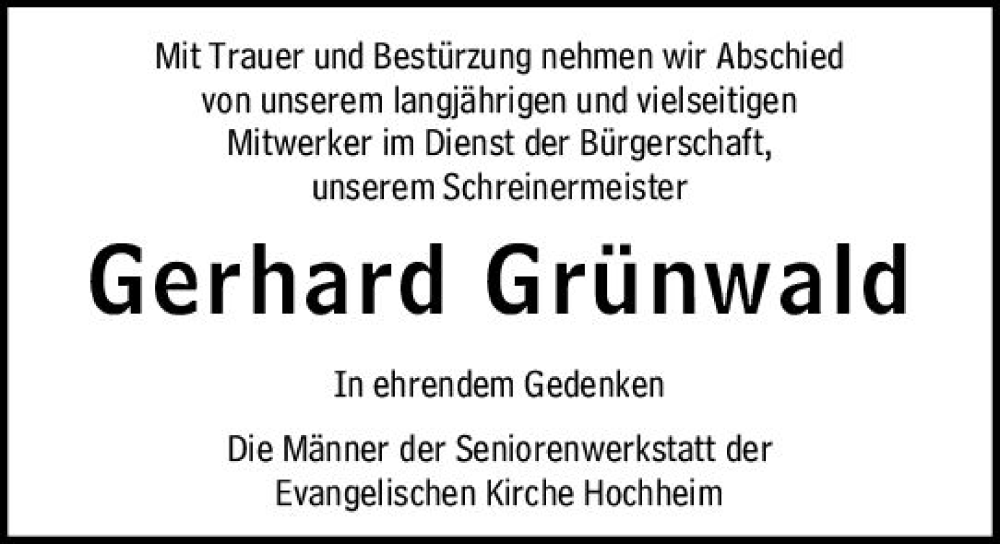  Traueranzeige für Gerhard Grünwald vom 15.12.2023 aus Hochheimer Zeitung