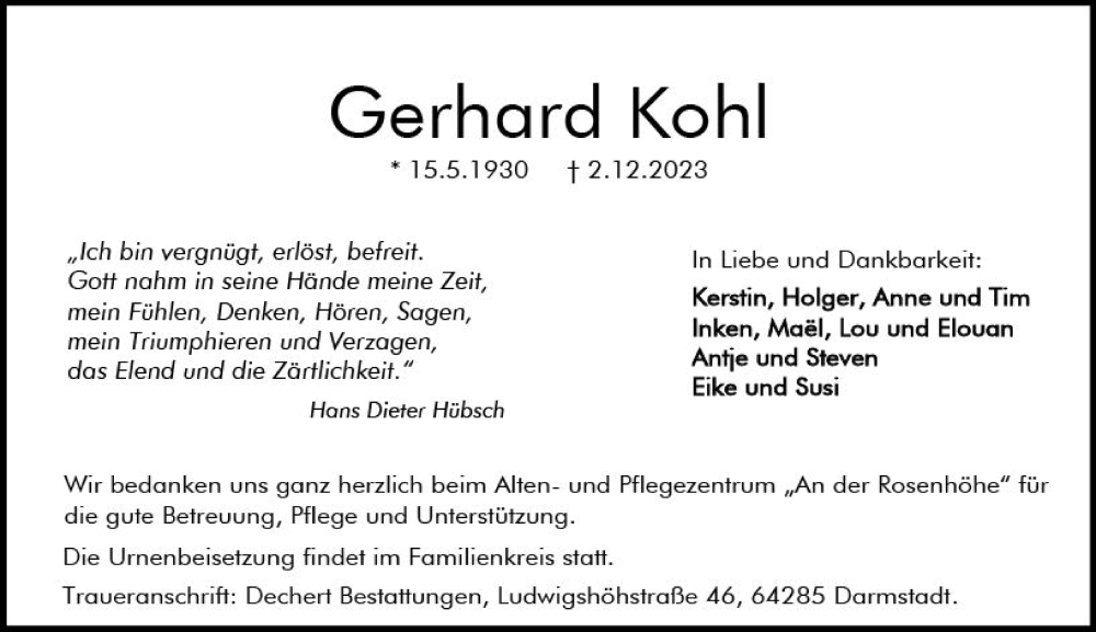  Traueranzeige für Gerhard Kohl vom 16.12.2023 aus Darmstädter Echo