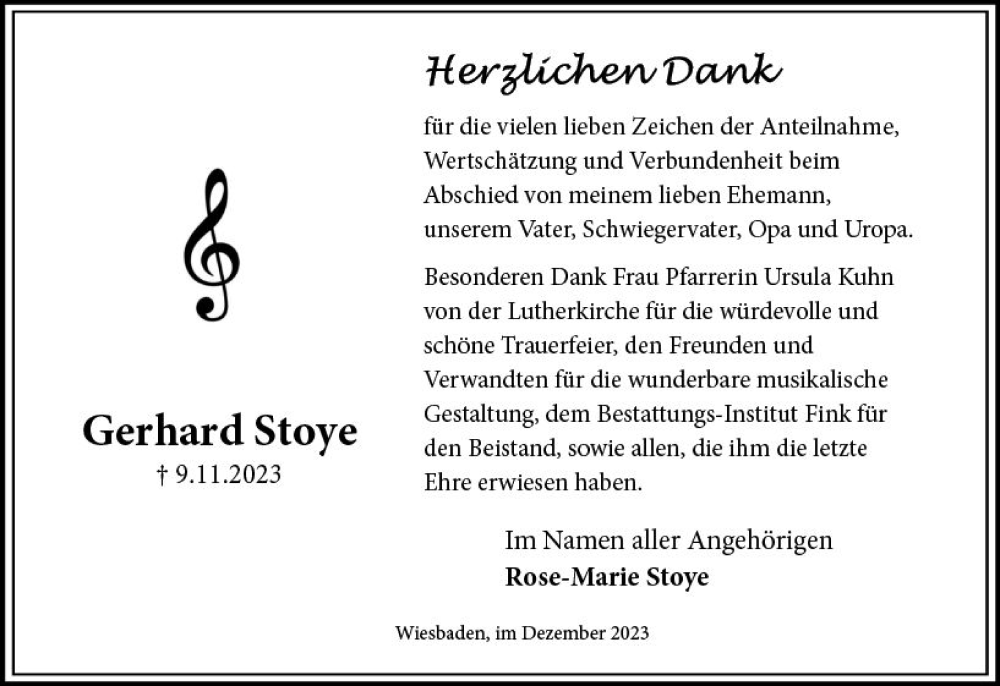  Traueranzeige für Gerhard Stoye vom 16.12.2023 aus Wiesbadener Kurier