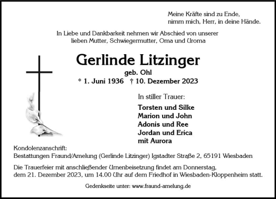 Traueranzeige von Gerlinde Litzinger von Wiesbadener Kurier