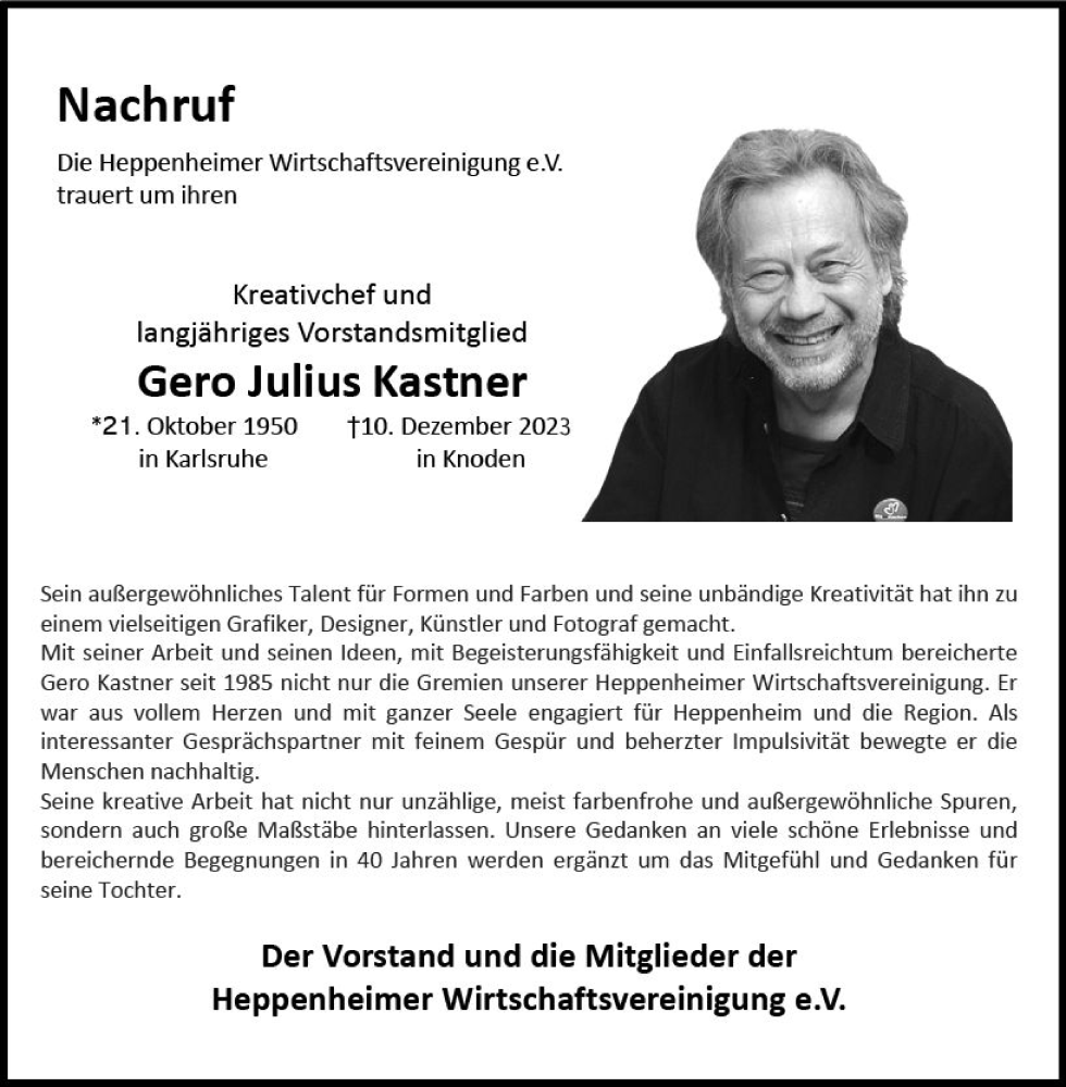  Traueranzeige für Gero Julius Kastner vom 30.12.2023 aus Starkenburger Echo