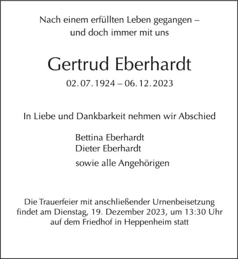  Traueranzeige für Gertrud Eberhardt vom 16.12.2023 aus Starkenburger Echo