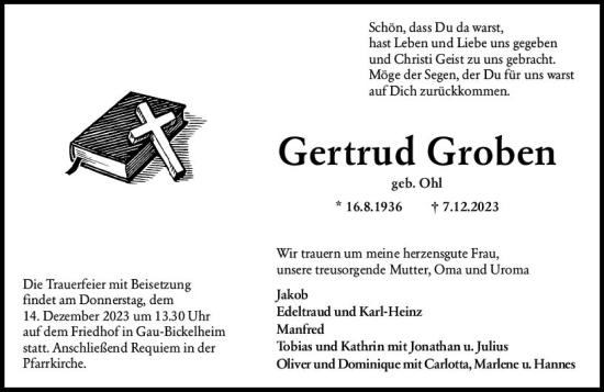 Traueranzeige von Gertrud Groben von Allgemeine Zeitung Alzey