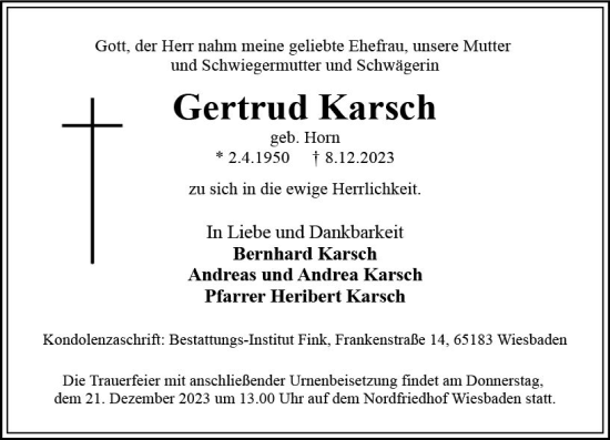 Traueranzeige von Gertrud Karsch von Wiesbadener Kurier