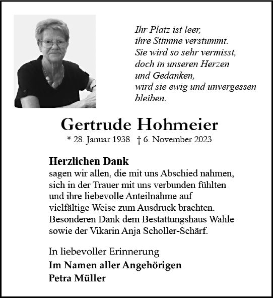  Traueranzeige für Gertrude Hohmeier vom 16.12.2023 aus Allgemeine Zeitung Bingen/Ingelheim