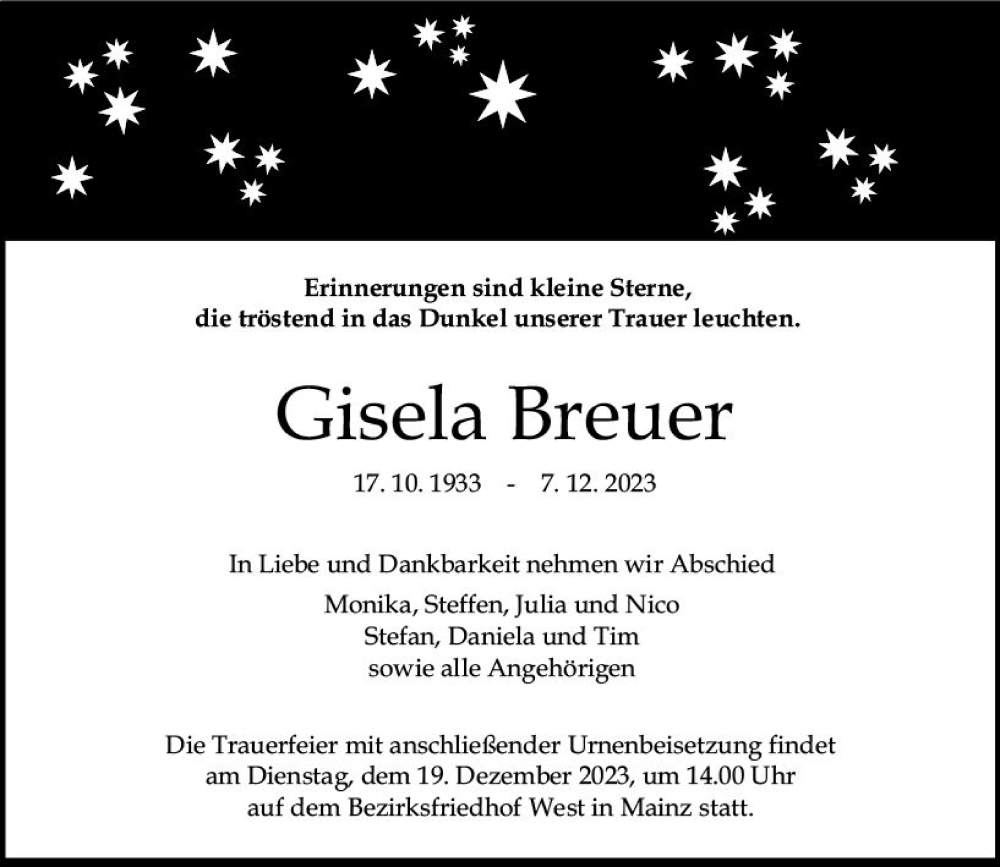  Traueranzeige für Gisela Breuer vom 16.12.2023 aus Allgemeine Zeitung Mainz