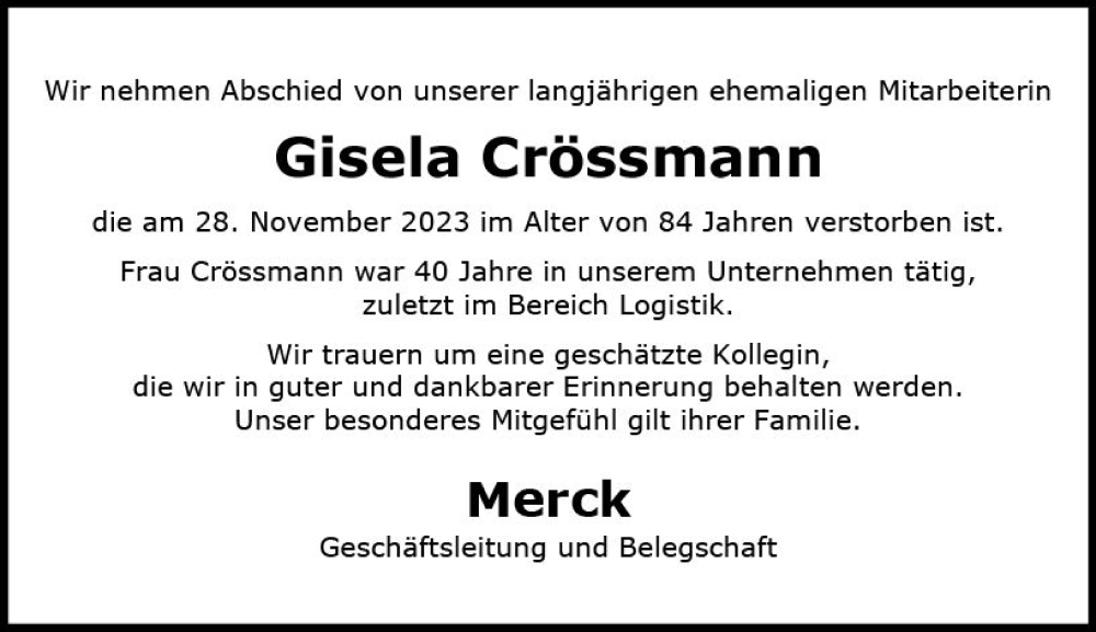  Traueranzeige für Gisela Crössmann vom 16.12.2023 aus Darmstädter Echo