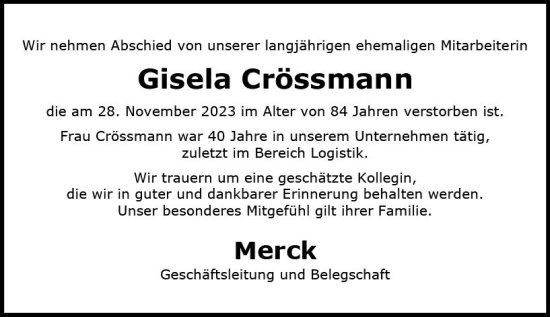 Traueranzeige von Gisela Crössmann von Darmstädter Echo