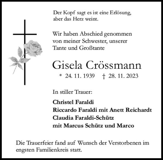 Traueranzeige von Gisela Crössmann von Darmstädter Echo