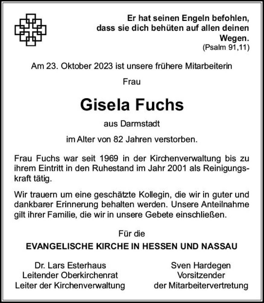  Traueranzeige für Gisela Fuchs vom 02.12.2023 aus Darmstädter Echo
