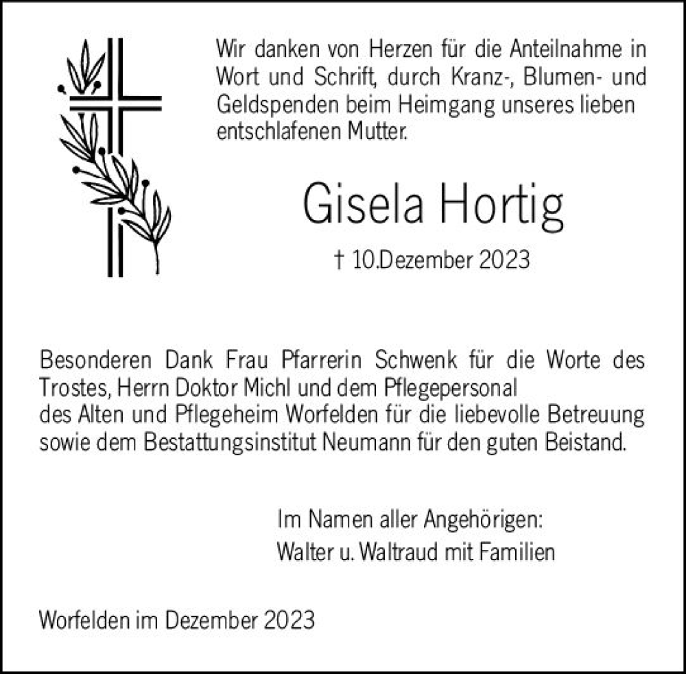  Traueranzeige für Gisela Hortig vom 30.12.2023 aus Groß-Gerauer Echo