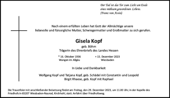 Traueranzeige von Gisela Kopf von Wiesbadener Kurier