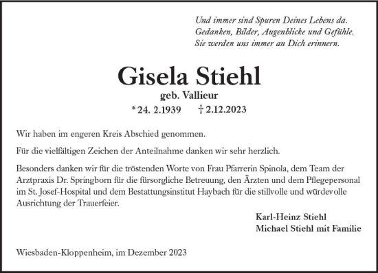Traueranzeige von Gisela Stiehl von Wiesbadener Kurier