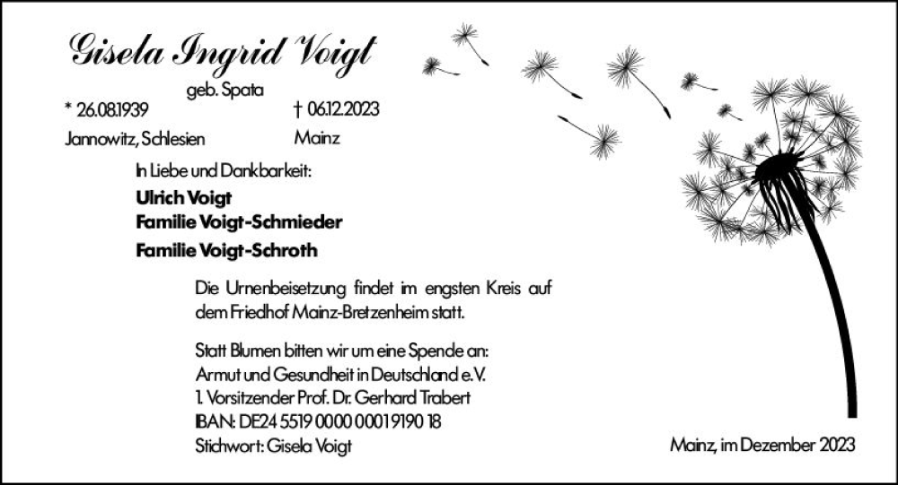  Traueranzeige für Gisela Voigt vom 16.12.2023 aus Allgemeine Zeitung Mainz