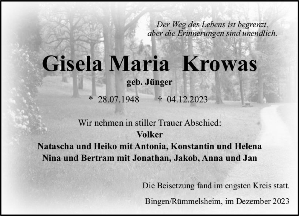  Traueranzeige für Gisela Maria Krowas vom 16.12.2023 aus Bingen/Ingelheim WOBL inkl. Neue Binger Ztg.