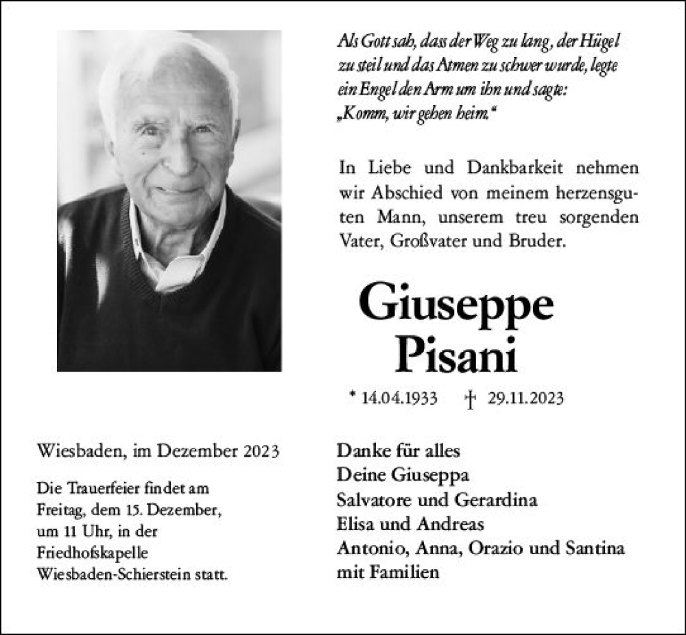  Traueranzeige für Giuseppe Pisani vom 09.12.2023 aus Wiesbadener Kurier