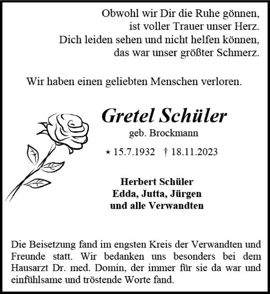  Traueranzeige für Gretel Schüler vom 02.12.2023 aus Darmstädter Echo