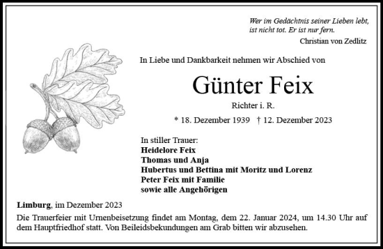 Traueranzeige von Günter Feix von Nassauische Neue Presse