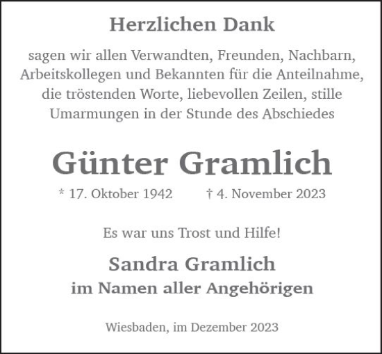 Traueranzeige von Günter Gramlich von Wiesbadener Kurier