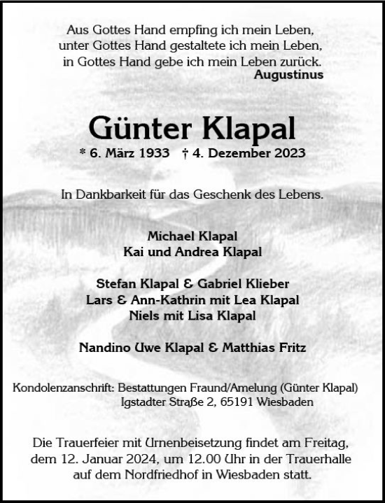 Traueranzeige von Günter Klapal von Wiesbadener Kurier