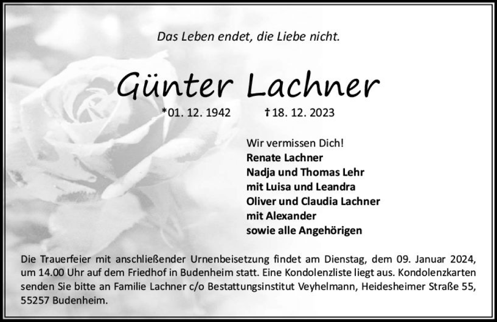  Traueranzeige für Günter Lachner vom 23.12.2023 aus Allgemeine Zeitung Mainz