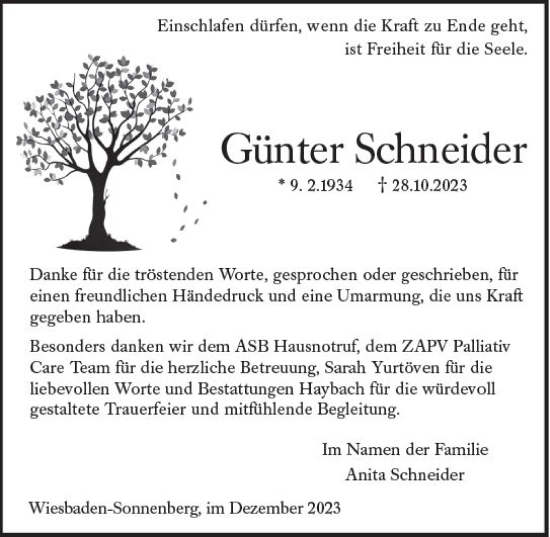 Traueranzeige von Günter Schneider von Wiesbadener Kurier