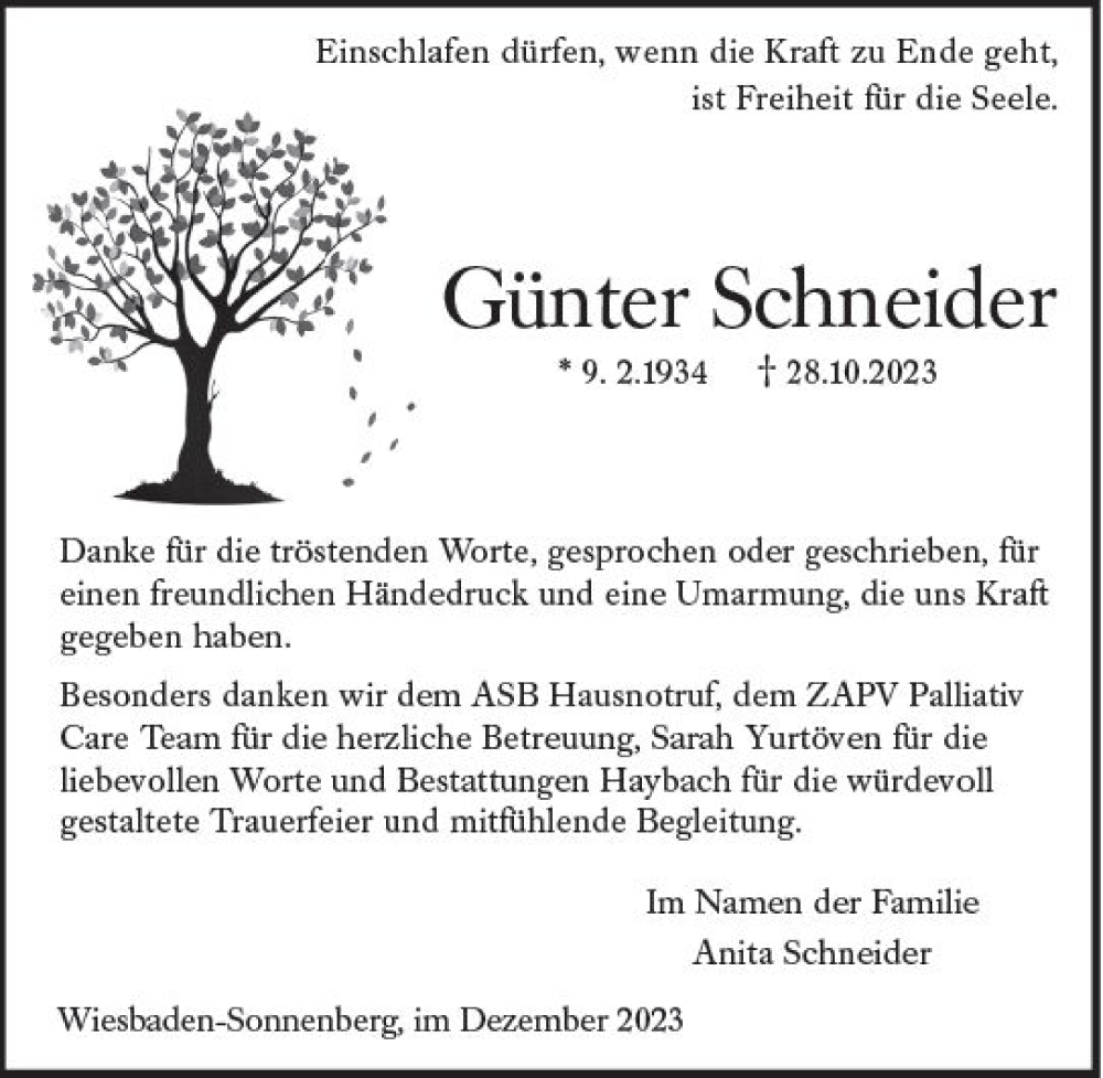  Traueranzeige für Günter Schneider vom 02.12.2023 aus Wiesbadener Kurier