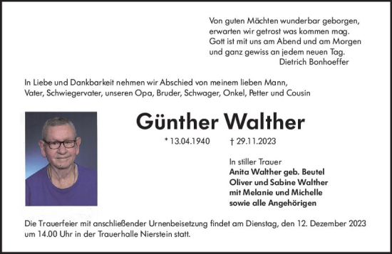 Traueranzeige von Günther Walther von Allgemeine Zeitung Mainz