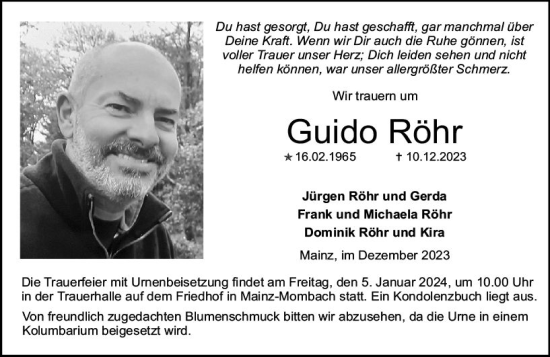 Traueranzeige von Guido Röhr von Allgemeine Zeitung Mainz