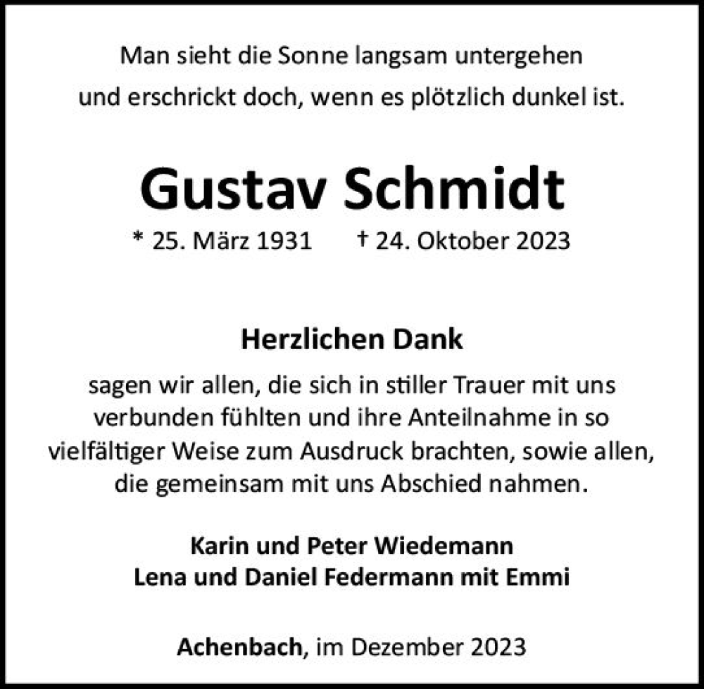  Traueranzeige für Gustav Schmidt vom 02.12.2023 aus Hinterländer Anzeiger