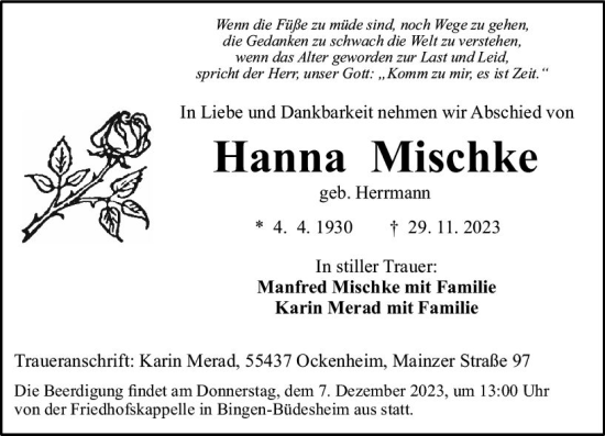 Traueranzeige von Hanna Mischke von Allgemeine Zeitung Bingen/Ingelheim
