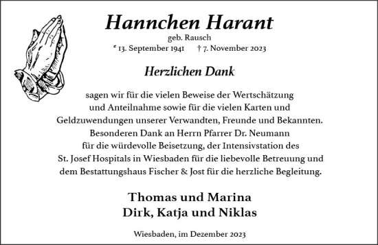 Traueranzeige von Hannchen Harant von Wiesbadener Kurier