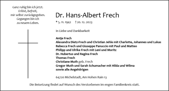 Traueranzeige von Hans-Albert Frech von Odenwälder Echo