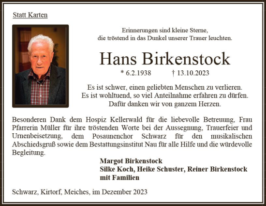 Traueranzeige von Hans Birkenstock von Oberhessen Kurier